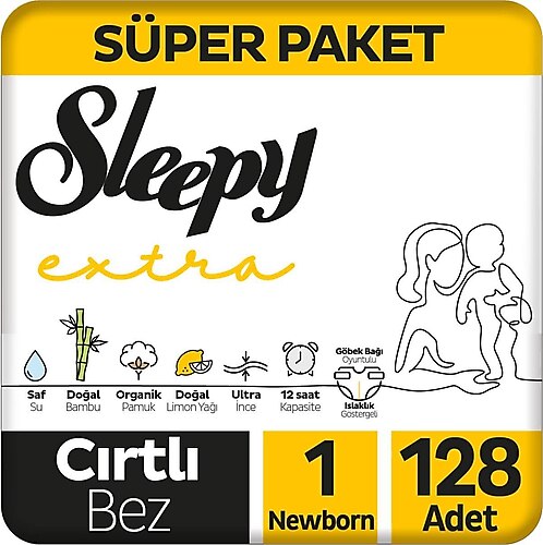 Sleepy Extra Günlük Aktivite Süper Paket 1 Numara Yenidoğan 128'li Bebek Bezi