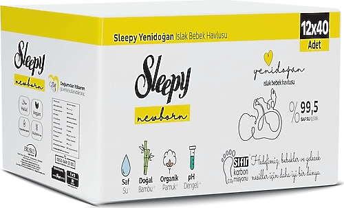 Sleepy Natural Yenidoğan Pamuklu 40 Yaprak 12'li Paket Islak Mendil