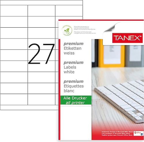 TAページ Tanex TW-2027 70x32,125 mm 27'li 100 Sayfa A4 Lazet Etiket