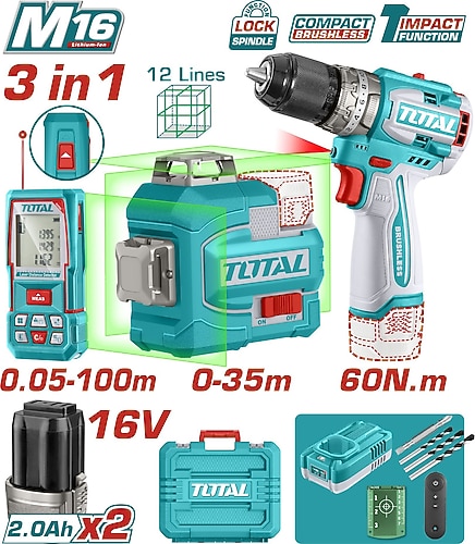 Total Tools TOSLI250101E Darbeli Matkap + Lazer Hizalama +