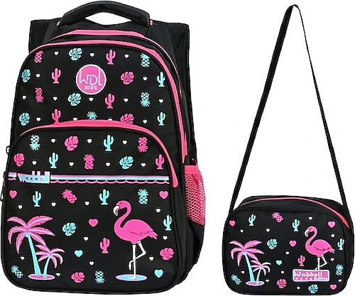 Waddell 3001 Flamingo Desenli Siyah Kız Çocuk Beslenme + İlkokul Sırt Çantası