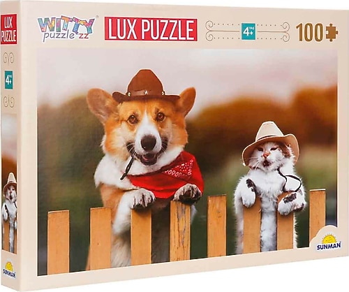 Witty Puzzlezz Kovboy Şapkalı Kedi ve Köpek 100 Parça Puzzle